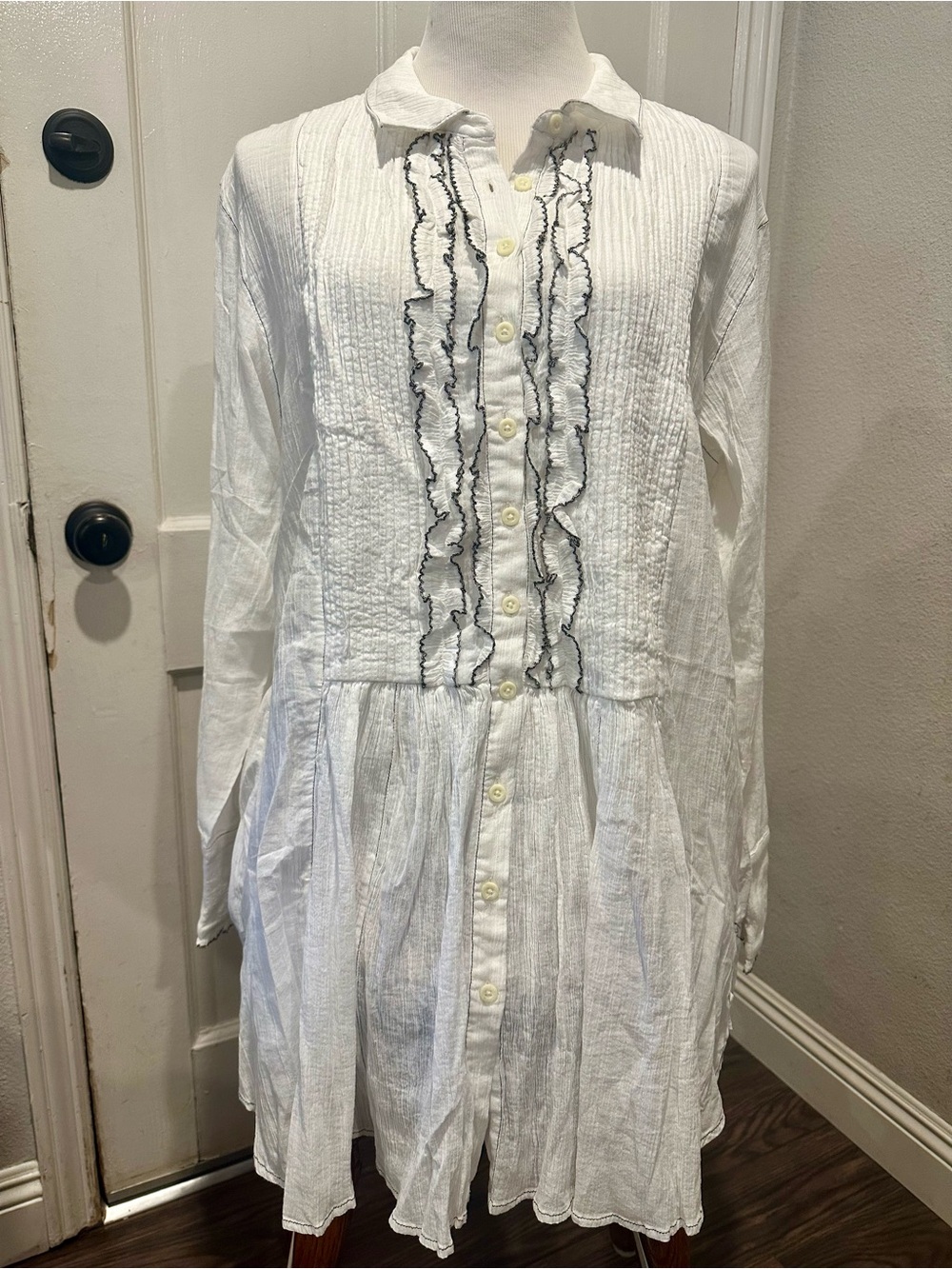 Free People White Ivory Tuxedo Ruffle-Front Shirt Dress Boho Chic Women’s L